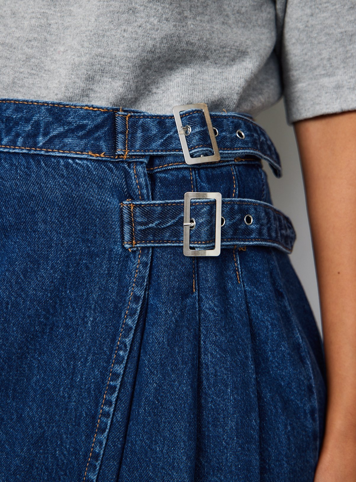 Dark Denim Pleated Tab Detail Midi Kilt Skirt 16 - Image 4 thumbnail